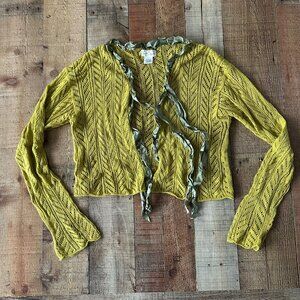 Neesh By D.A.R. Yellow Knit Cardigan Green Ribbon Trim Long Sleeves Open Front
